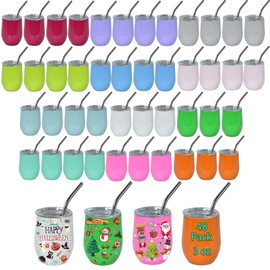 Icesip 3oz Sublimation Shot Glass with Straw and Lid, 48Pcs Mini Wine Tumbler, Double Wall Insulated Coffee Mugs For Bars Wedding Birthday Party Favors