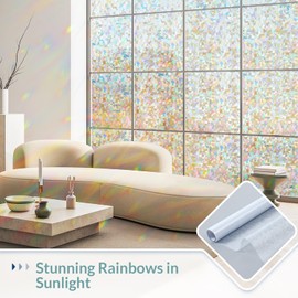 Haton Window Privacy Film, Rainbow Stained Glass Window Clings, 3D Decorative UV Sun Blocking Sticker, Removable Static Cling Heat Control Tint for Home Door, 35.4" x 157.4" Non-Adhesive