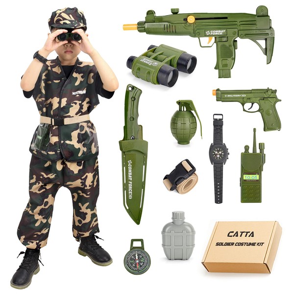 CATTA Kids Army Soldier Dress up Costume, Camouflage with Berets, Saber, Toy Gun, Telescope, Walkie Talkie, Compass, Whistle and Kettle Deluxe Dress Up Role Play Set for Kids Aged 4-10 Costume Part