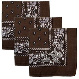 3 PK Cowboy Bandanas 100% Cotton 22 x 22 inch - Dark Brown