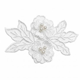 10 PCS White 3D Organza Floral Appliques Sew On Embroidered Lace Patches with Pearl Beads for Wedding Dress, Veil, Evening Gown, Denim Jacket and DIY Sewing Crafts, 4.72 x 2.95 in