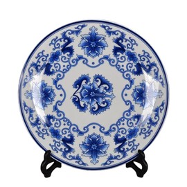 jdzjybqx Decorative Plates Blue and White Porcelain Plates of 26cm Oriental Floral Pattern Ceramic Craft for Ornaments Giving Plates, 1 Plate with 1 Display Stand