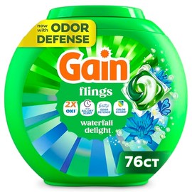 Gain Flings Liquid Washing Detergent Pods, Now with Odor Defense + Color Guard, Waterfall Delight Scent, 4-In-1 liquid laundry detergent pacs, clean & fresh, 76 Count (Packaging May Vary)