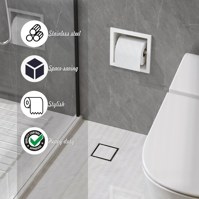 Neodrain Recessed Toilet Paper Holder, White Stainless Steel Built-in Tissue