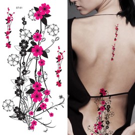 Supperb® Flower & Autumn Leaves Temporary Tattoos Gorgeous Color Tattoos (Hot Pink Plum Flowers) Set of 2