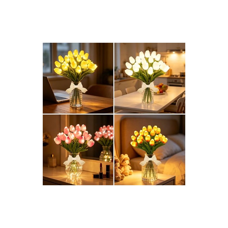 20 Tulipanes Artificiales con Luces LED, Rojo Atardecer