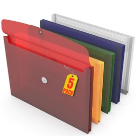 1InTheOffice Poly Envelopes Button & String Closure, Expanding Wallet, Legal Size, Assorted Colors, 5/Pack