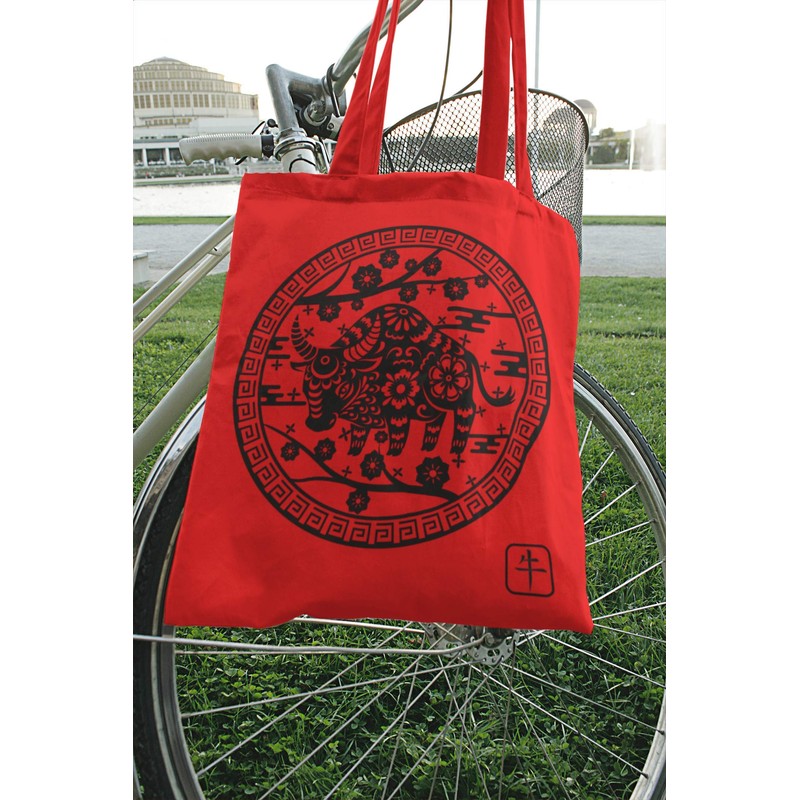 clothinx Chinese Zodiac Signs Fabric Bag with Selection, Buffalo Red