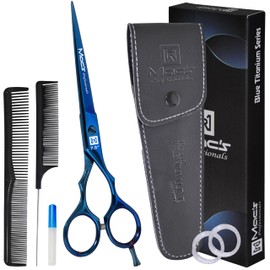 Macs Professional Kit De Tijeras Para Cortar El Pelo - Tijeras De Barbero Japonesas De Acero Inoxidable Con Filo Afilado - Incluye 2 Peines, Aceite Para Tijeras, Estuche De Viaje De Cuero Y Caja - Par