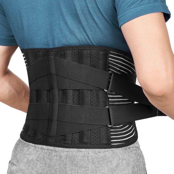 FREETOO Back Braces for Lower Back Pain Relief with 6 Stays, Breathable Back Support Belt for Men/Women for work, Anti-skid lumbar support belt with 16-hole Mesh for sciatica(Waist Size:45.3''-55'')