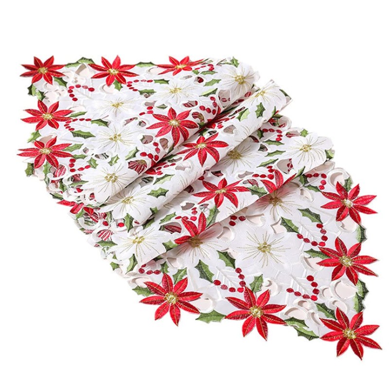 Christmas Table Runner, Embroidered Table Runners Luxury Poinsettia Holly Table