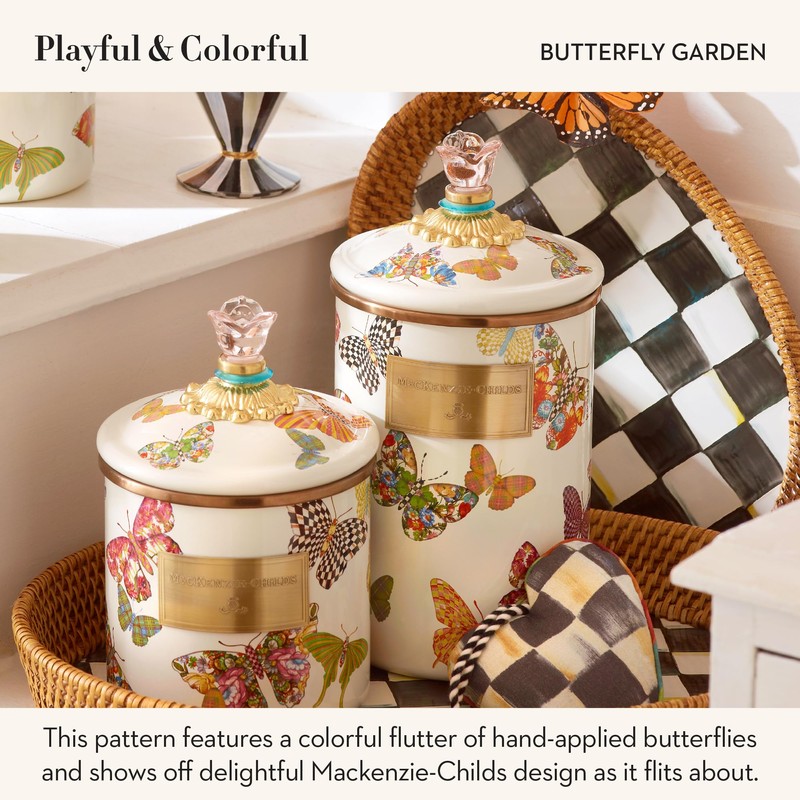 MACKENZIE-CHILDS Butterfly Garden Enamel Canister, Pretty Kitchen Storage Container with