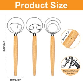 Set of 3 Danish Whisks - 13 Inch Danish Dough Whisk with Wooden Handle, Danish Dough Whisk, Dough Mixer, Bread Baking Accessories for Baking, Bread, Sourdough, Pastry, Set C
