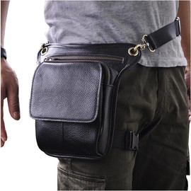 Le'aokuu Herren Echtes Leder Tasche Beinbeutel Beintasche Außenbeintasche Hüfttasche Drop Leg Thigh Bag Outdoors Messenger Bag 211-1 (211-1 B1 Schwarz)