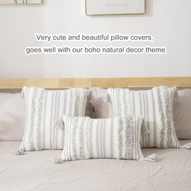 decorUhome Boho Grey Cushion Covers 50x50cm Set of 2, Decorative Tufted Tassel Woven Pillow Case for Sofa Couch 20x20 Inch