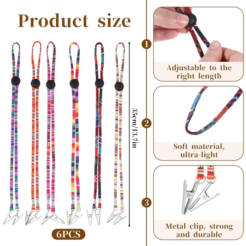 6 Pieces Folk Style Napkin Clip, Lanyard Neck Strap, Adjustable