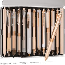 Nicpro 13PCS Pastel Gel Ink Pen Set with Case, Cute Retractable 0.5mm Fine Point Pen, 12 Black Ink Pen with 1 Highlighter, Aesthetic Drawing Pen for Student Note Taking,Writing,Office Supplies (Brown)