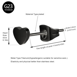 Titanium Women's Stud Earrings Nickel Free Hypoallergenic Girls Earring Stud Earrings for Sensitive Ears Petite Heart-Shaped Earring for Women Girls Teens Black Silver Gold Rose Gold, Titanium, No