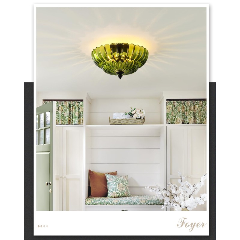 ANYLOVE Modern 12Inch Green Flower Glass Semi Flush Mount Ceiling