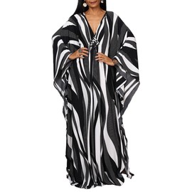 Bsubseach Women Ethnic Print Kaftan Beach Dress Plus Size Swimsuit Cover Up Dotted Zebra