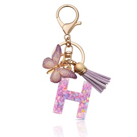 CHUQING Keyring Girl Key Ring Letter Key Pendant Butterfly Keyring with Initial Letters Women Keychain Gift, Purple-h