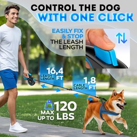 2025 New Retractable Dog Leash 18,2 ft' - Chew Proof Cable Included - 360° Tangle Free - Heavy Duty Reflective Retractable Leash for Small Medium Large Dogs up to 120 lbs - Soft Touch Anti-Slip Handle