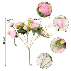 Domaxfico 6 PCS Pink Peonies Artificial Silk Flowers,Fake Flower for Home Decor Indoor, Faux Peony Bouquet Floral Arrangements Dining Table Centerpieces for Kitchen Bridal Wedding Party Decor.