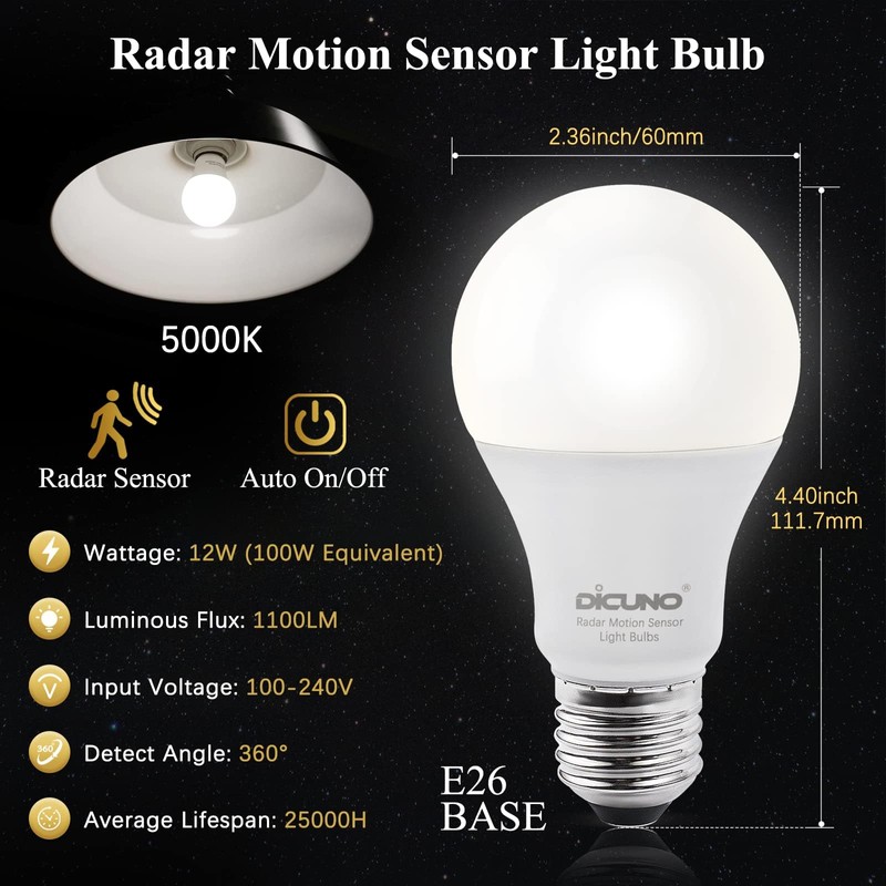 DiCUNO Radar Motion Sensor Light Bulbs Outdoor, 12W (100W Equivalent),