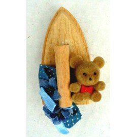 Sophia Anne Flocked Fuzzy MINI TEDDY BEAR w/ Blue Flowers & Bow On Wooden Iron * Magnet