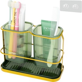 Green Toothbrush Holders for Bathrooms, 2 Cups Toothbrush Holders Wall Mounted, Dry & Wet Separation, Bathroom Organizer and Storage - Bathroom Toothbrush Holder Set for Family Kids