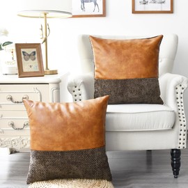 CaliTime Throw Pillow Covers Pack of 2 Soft Faux Leather Solid Dyed Cross Chenille Cushion Cases for Couch Sofa Home Decoration 18 X 18 Inches Brown