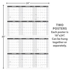 Large 24" x 36" 2025 Dry Erase Wall Calendar with Markers - Wet & Dry Erasable 12 Month Annual Yearly Wall Planner - Horizontal, Reversible Color - Two Piece Design (Grey, Laminated, 2025)