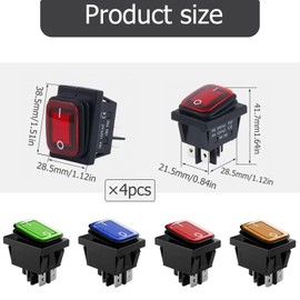 JINXIAN 4 Pcs 16A 250V Rocker Switch Waterproof Switch 4 Terminal 2 Position Power ON OFF on Rocker Switch for Most Types of Electrical (Red/Green/Yellow/Blue)