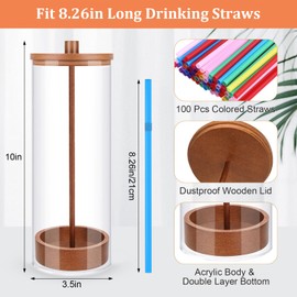 JYPS Straw Holder Dispenser for Standard Size Drinking Straw, Acrylic Straw Organizer for Counter with 100 Colorful Straws, Wooden Straw Dispenser for Pencils,Kitchen, Classroom(Light brown, 10 in)