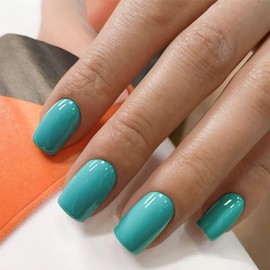 Light Blue Press on Nails Short Square Fake Nails Solid Color Acrylic Stick on Nails Glossy Artificial Nail Full Cover Glue on False Nails for Women Manicure 24Pcs