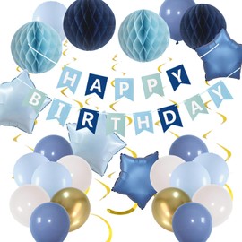 Blue birthday Decorations for Men and Boys - Happy Birthday Balloons with Honeycomb Ball Gradient color Paper Banner, Hanging Swirls and Star Foil Balloons (Light Navy Blue)