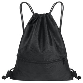 SWKJ Drawstring Bag, Large PE Bag Drawstring Gym Bag with Zipper Pocket, Waterproof Sports Bag for Swimming Hiking Travel Beach, Drawstring Backpack for School Boys Girls (Black)