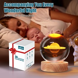 Nurluce 3D Saturn Crystal Ball Night Lights 3.15"/8cm Glass Sphere 5W LED Wooden Base Planet Figurine Nightstand Lamps Space Astronomy Bedroom Decoration Gifts for Teens Kids Christmas Birthday