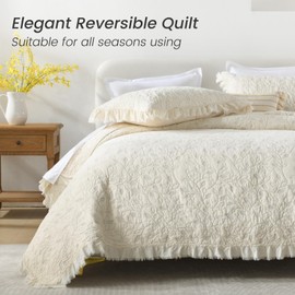 Yvooxny 3-Piece Queen Quilt Set Reversible Luxurious Quilted Bedspread Embroidery Leaves Quilts with Pillowcases for All Seasons, Beige, 98 * 90 Inches