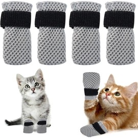 4Pcs Cat Booties Anti Scratch Cat Mittens, Cat Paw Covers Cat Claw Caps Adjustable Cat Nail Caps, Mesh Breathable Cat Shoes, Suitable for Cats When Bathing and Nail Trimming(S,Grey) - Size: Medium