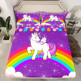 Girls Unicorn Bed Sheet Twin Rainbow Bedding Sets Cute Unicorn Glitter Fitted Bed Sheets Kids Cartoon Kawaii Fitted Sheet Galaxy Stars Fantasy Room Decor Children Girly Unicorn Purple