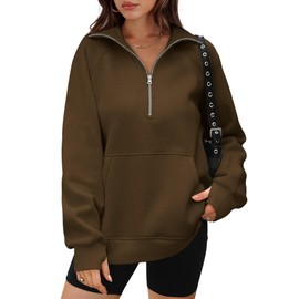 OFEEFAN Fall Fashion Half Zip Oversized Sweatshirts For Women 2024 Quarter Zip Workout Pullover Fleece Hoodies Soft Sweaters Y2K Winter Clothes Jacket Coffee M