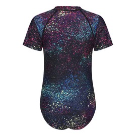 Qterdiz Big Girls One Piece Swimsuits Rash Guard for Girl Short Sleeve Bathing Suits with Front Zipper Sun Protection Swimwear Nebula Black Size 16/14-16 Years