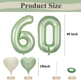 Number 60 balloons Sage Green，60 Balloons Birthday Boy Girl,40Inch Foil Number 6 & 0 Balloons with 6 Sage Green Metal and Confetti Helium Balloons for 60th Year Old Birthday Decorations