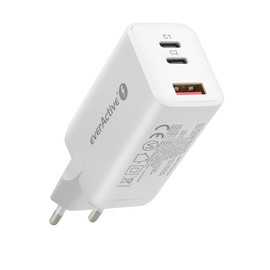 everActive GaN SC-650Q Mains Charger with QC4 + USB Socket and 2 x USB-C PD PPS Connection, Fast Charging, Total Power 65 W, Solid, One-Piece Casing, Model SC-650Q