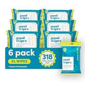 Goodwipes Flushable Butt Wipes - Vitamin E & Aloe - Sewer & Septic Safe - Extra Large Adult Wet Wipes For Women & Men - Bathroom Essentials - Shea Coco, 318 Count (6 Packs + 1 Travel)