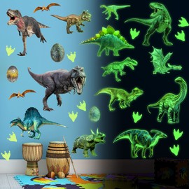 Dinosaurs Wall Decals Glow in The Dark Dinosaur Wall Stickers Removable Tyrannosaurus Wall Decor Dinosaur Eggs and Paw Print Wall Mural for Kids Nursery Living Room Bedroom Classroom Home Decoration