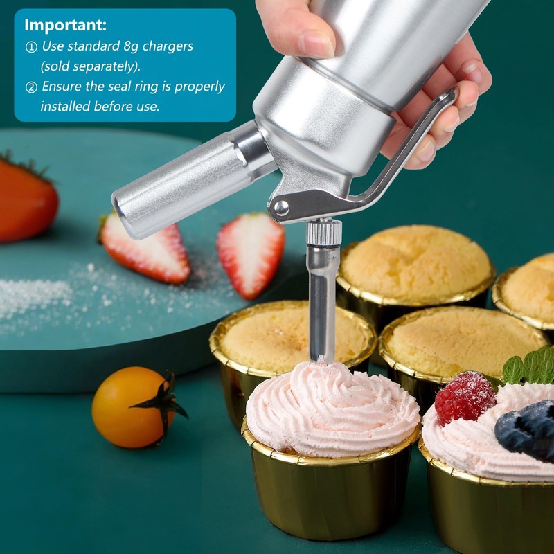 Whipped Cream Dispenser, 1 Pint Aluminum Cream Whipper with 6