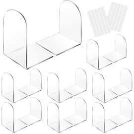 Leinuosen 16 Pcs Acrylic Book Ends Clear Acrylic Bookends with Silicone Pad Non Skid Book Holders Arch Shape Heavy Duty Bookends Book Stoppers for Book, Movies, CDs, Video Games (Clear)