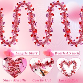 66FT Valentine's Day Heart Tinsel Garland Pink Red White Metallic Twist Garland Shining Ceiling Hanging Decorations for Valentine's Day Tree Party Anniversary Wedding Birthday Holiday Indoor Supplies
